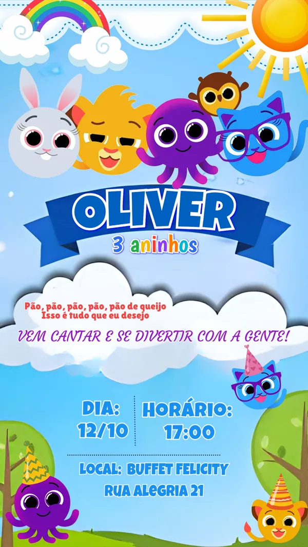Convite Aniversário Bolofofos Arco-Íris Para Editar Online