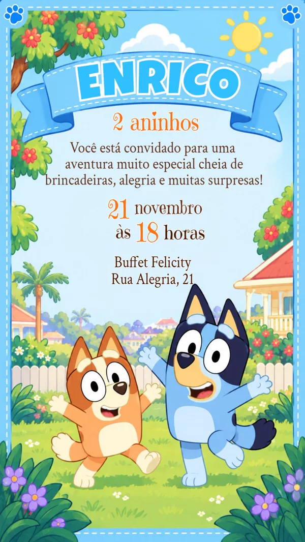 Convite Aniversário Bluey e Bingo Para Editar Online