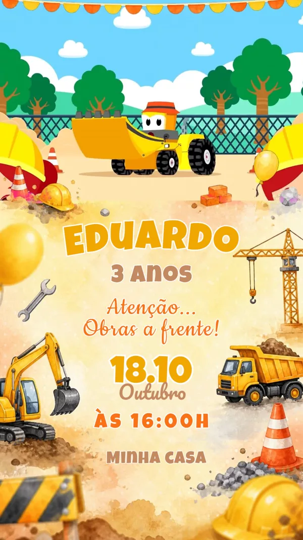 Convite Animado Aniversário Obras Trator Para Editar Online