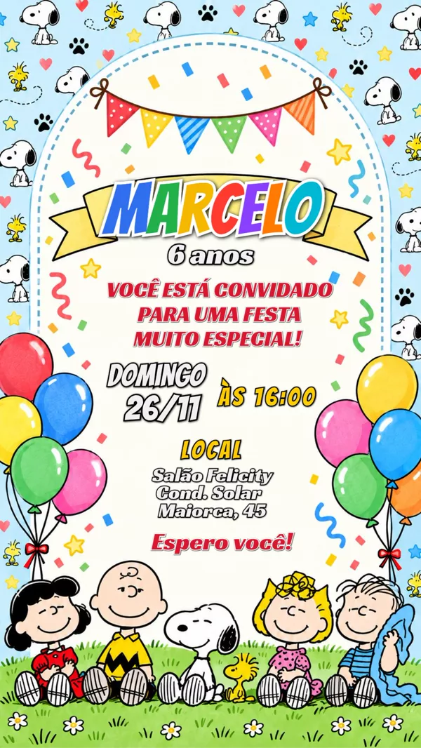 Convite Aniversário Snoopy Para Editar Online