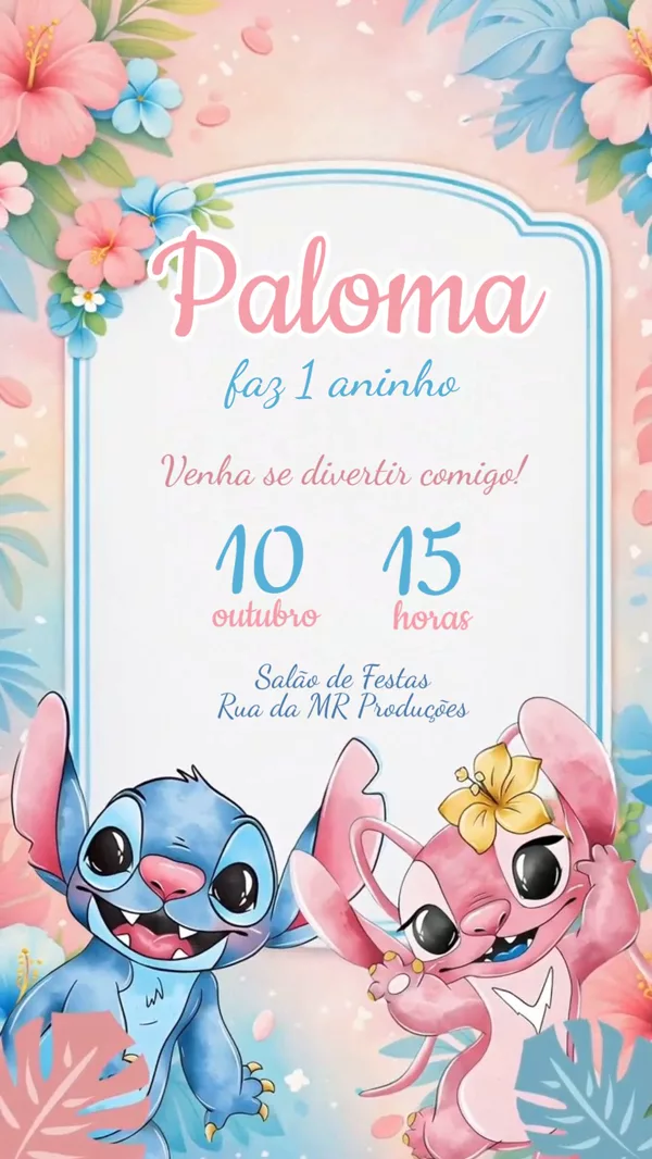 Convite Animado Aniversário Stitch e Angel Rosa Para Editar Online