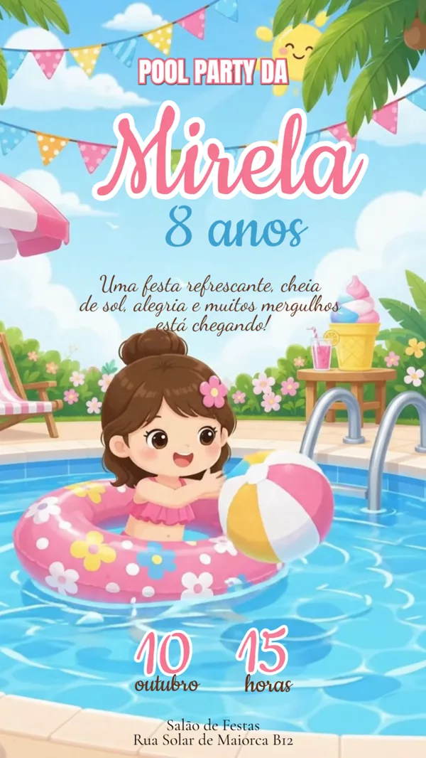 Convite Animado Aniversário Pool Party Rosa Para Editar Online