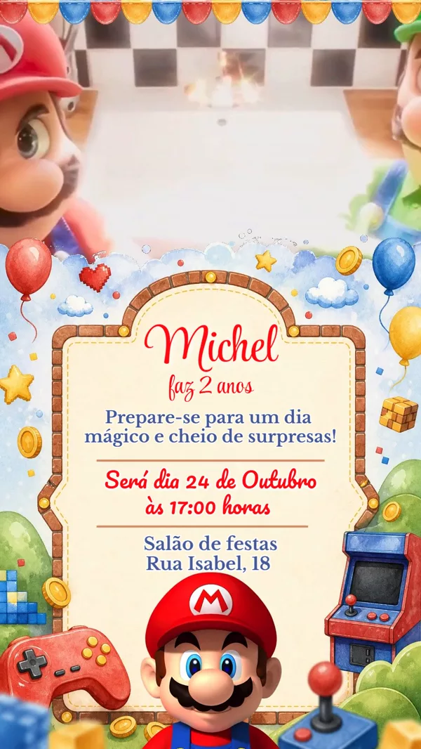 Convite Animado Aniversário Super Mario Para Editar Online