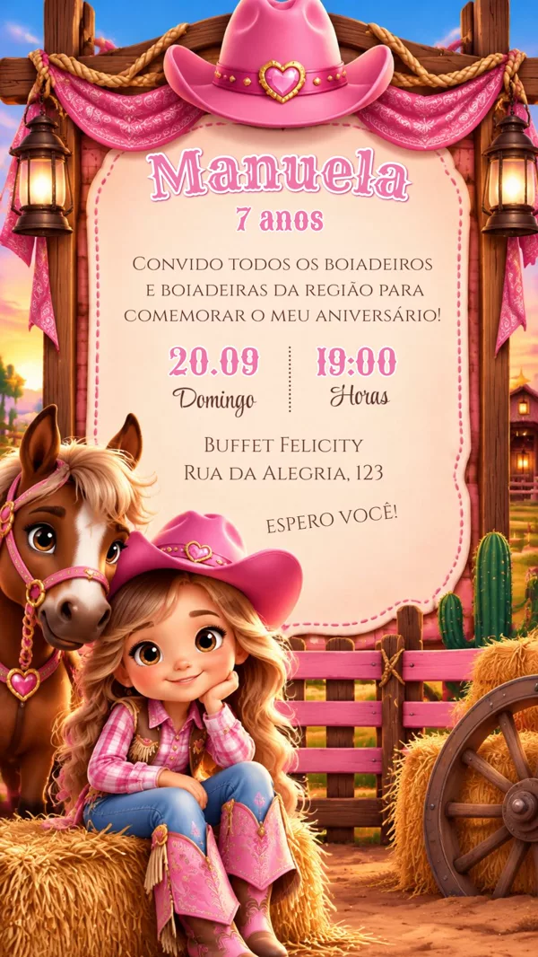 Convite Aniversário Boiadeira Rosa Para Editar Online