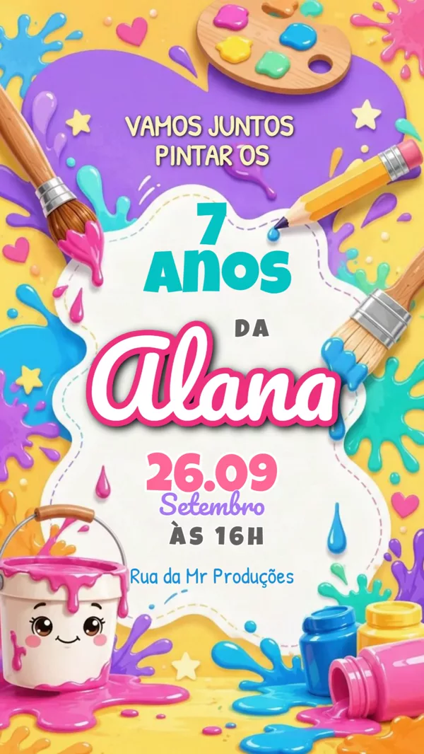 Convite Animado Aniversário Pintando o 7 Rosa Para Editar Online