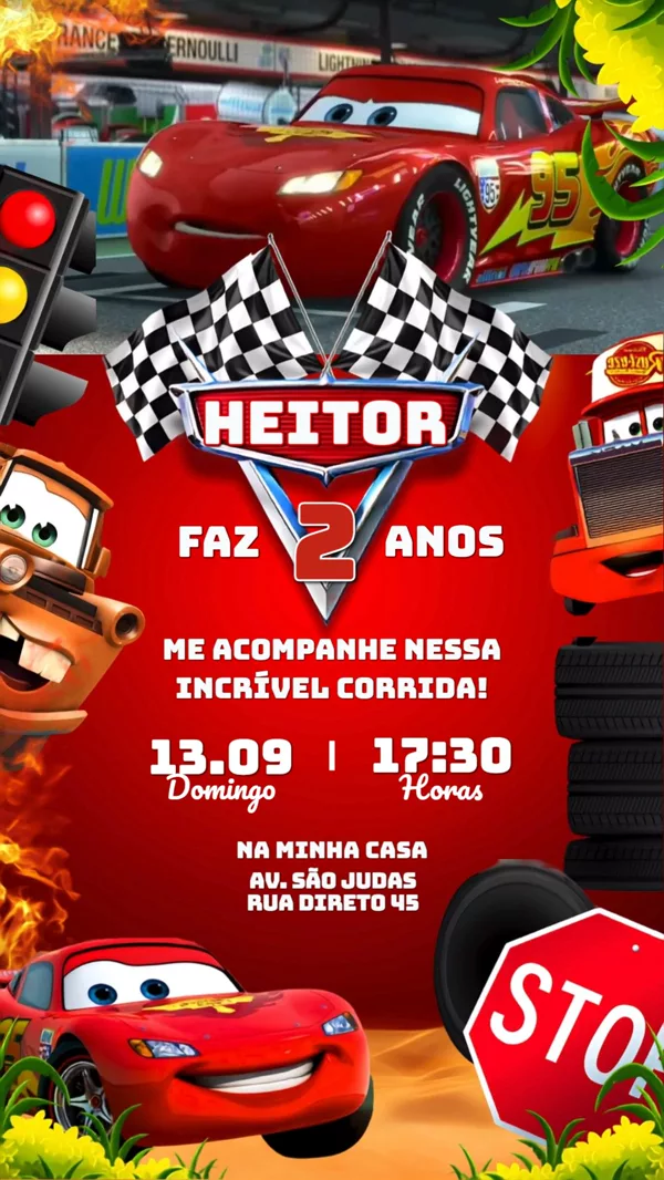 Convite Animado Aniversário Carros Relâmpago McQueen Para Editar Online