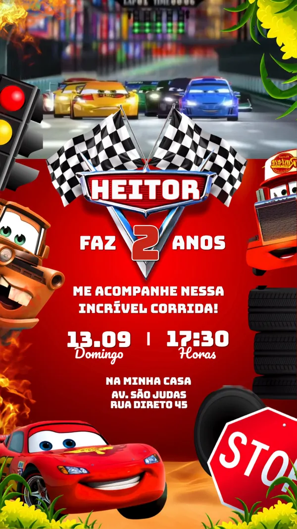 Convite Animado Aniversário Carros Relâmpago McQueen Para Editar Online