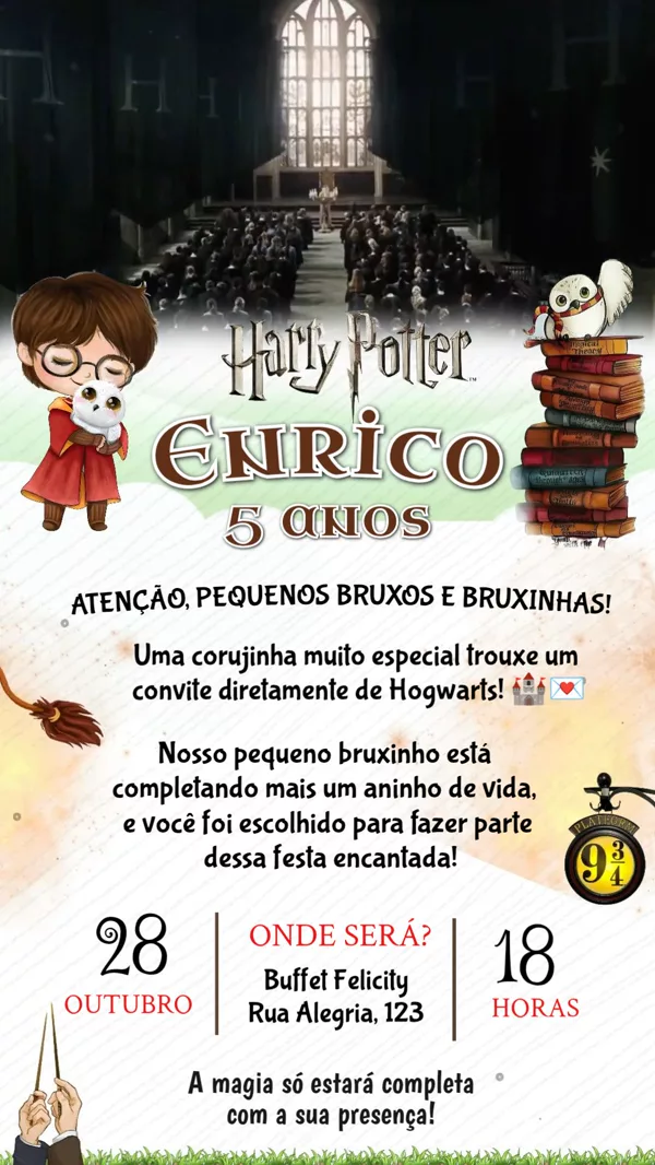 Convite Animado Aniversário Harry Potter Para Editar Online