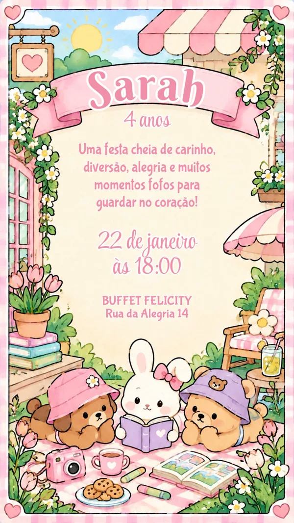 Convite Aniversário Ursinhos Piquenique Floral Para Editar Online