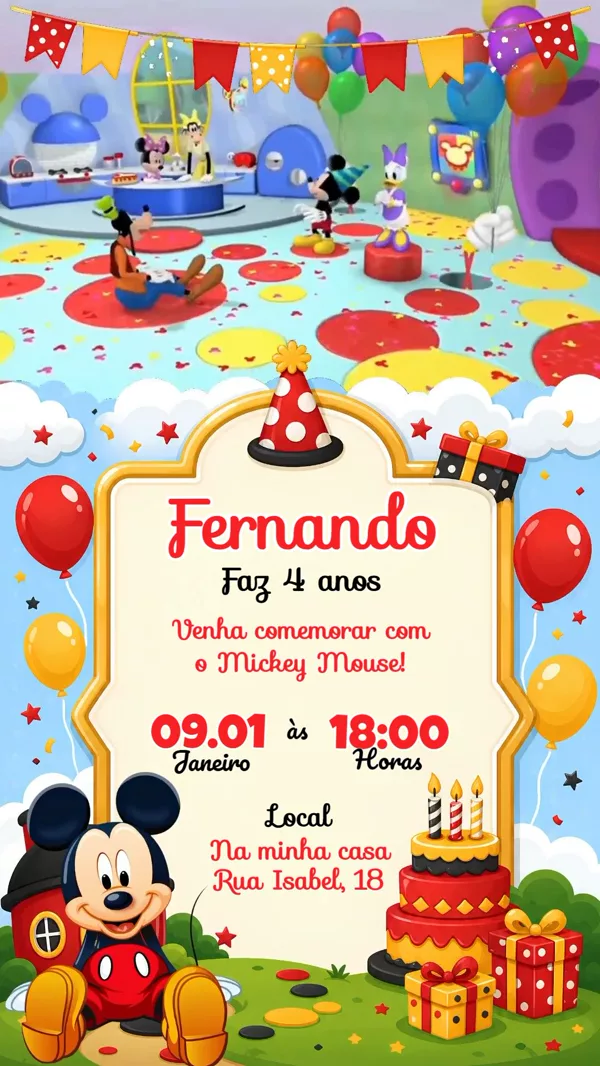 Convite Animado Aniversário Mickey Casa Para Editar Online
