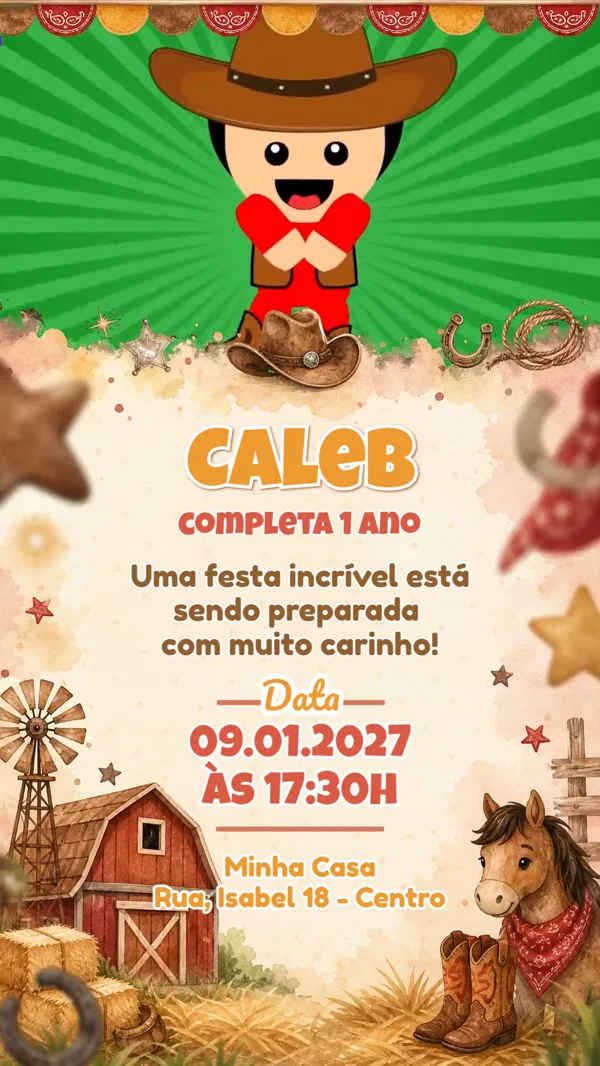 Convite Animado Aniversário Cowboy Fazenda Para Editar Online