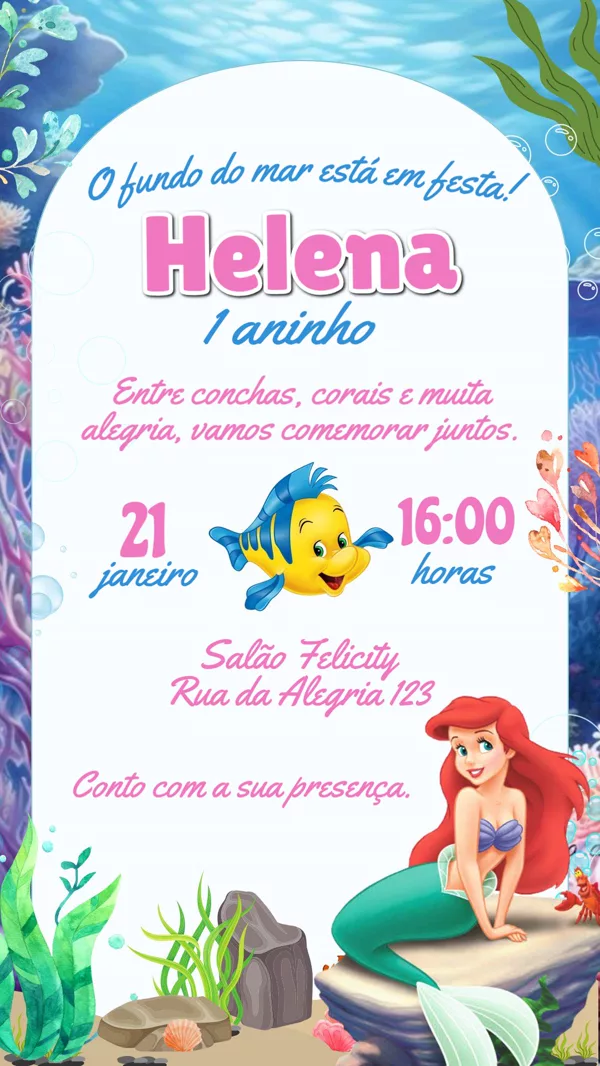 Convite Aniversário Pequena Sereia Fundo do Para Editar Online