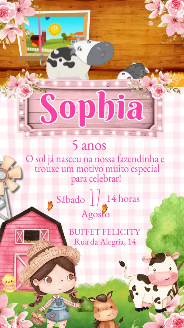 Convite Animado Aniversário Fazendinha Rosa Para Editar Online