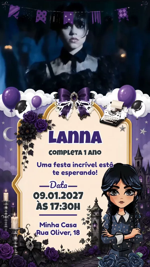 Convite Animado Aniversário Wandinha Addams Roxo Para Editar Online