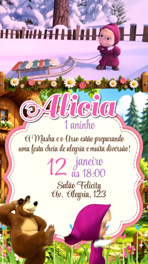 Convite Animado Aniversário Masha o Urso Neve Para Editar Online
