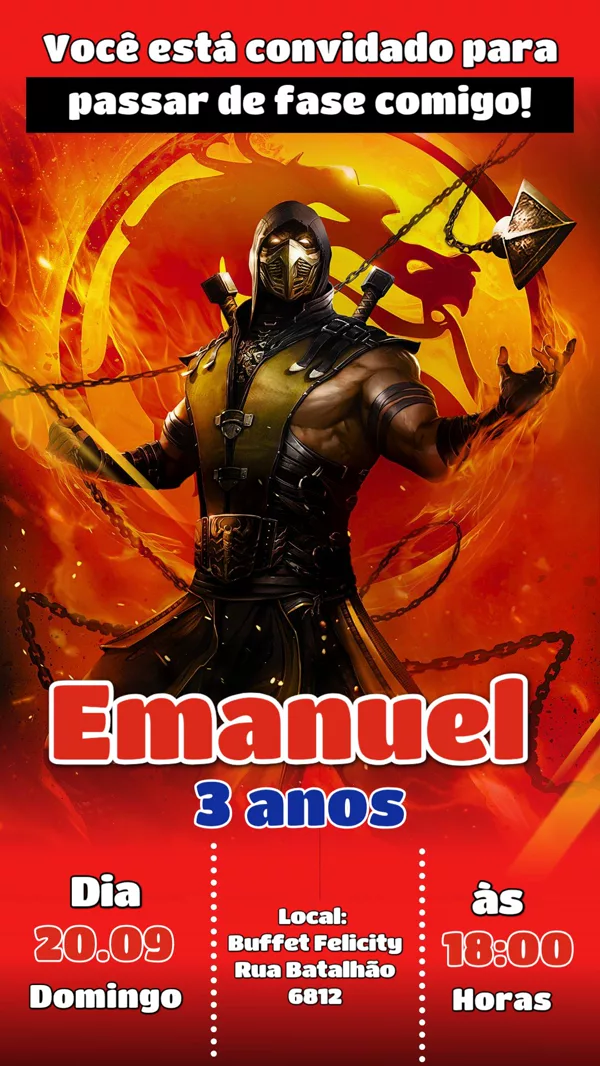 Convite Aniversário Mortal Kombat Para Editar Online
