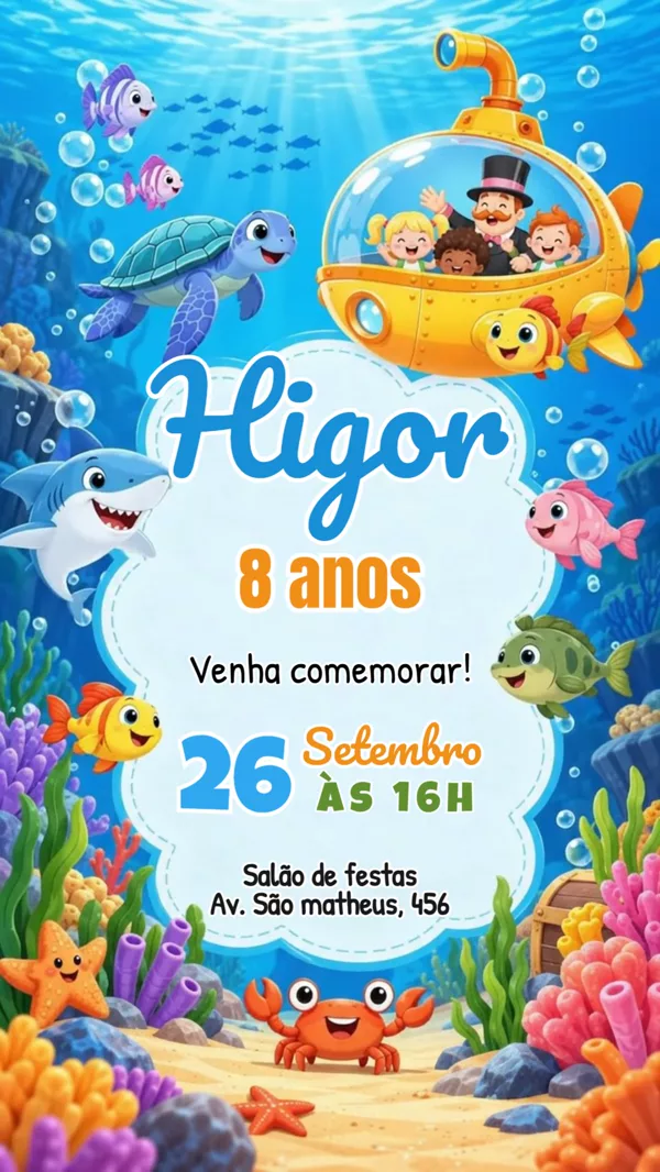 Convite Animado Aniversário Fundo Mar Submarino Para Editar Online