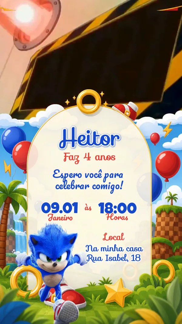Convite Animado Aniversário Sonic Zona Aventura Para Editar Online