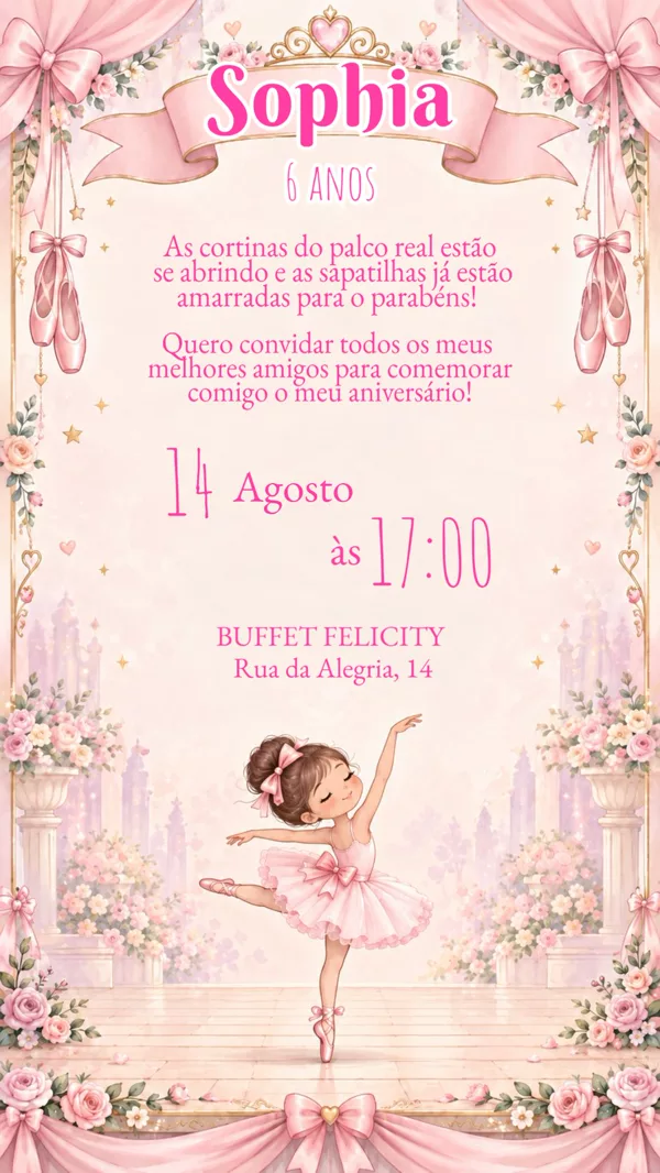 Convite Aniversário Bailarina Rosa Para Editar Online