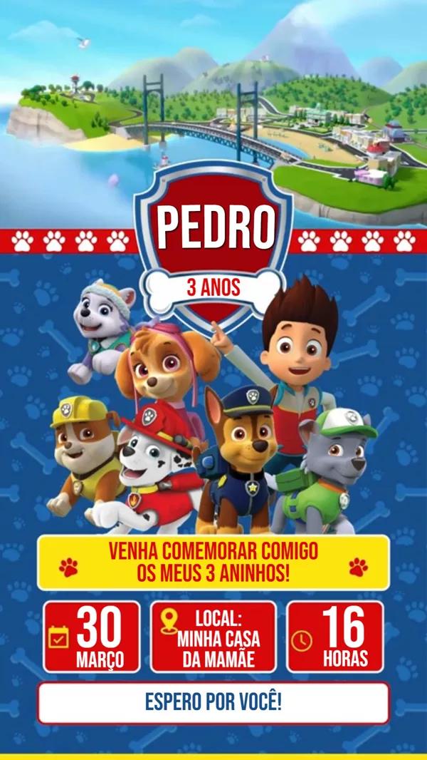Convite Animado Aniversário Patrulha Canina Para Editar Online