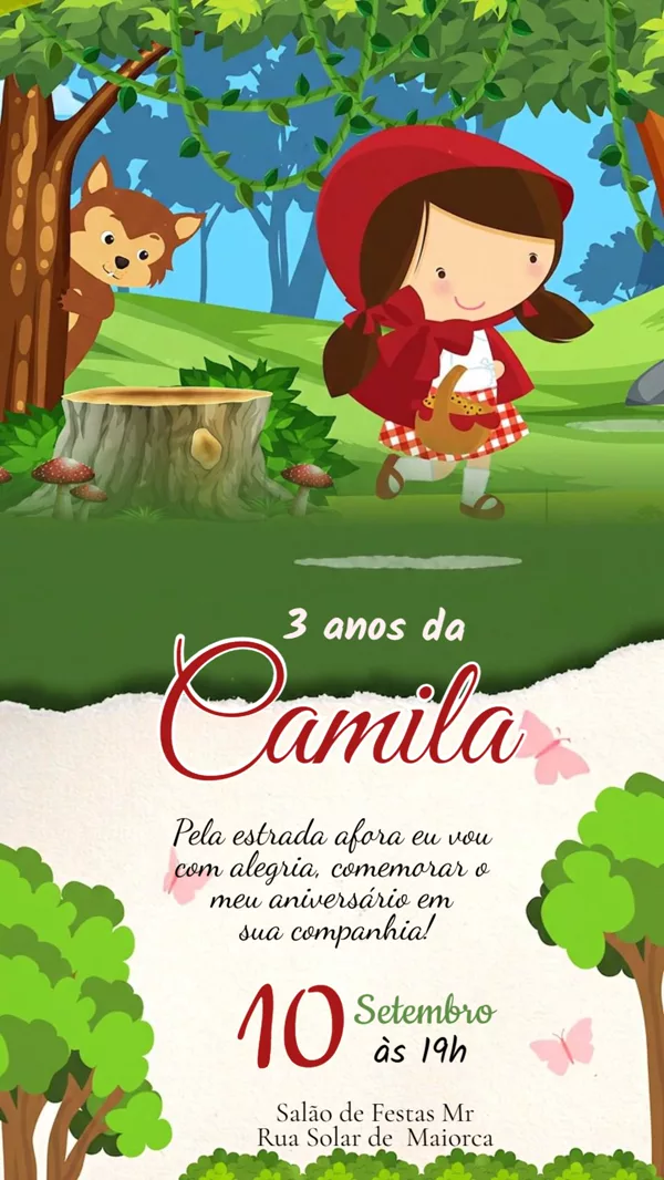 Convite Animado Aniversário Chapeuzinho Vermelho Para Editar Online