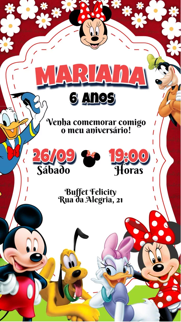 Convite Aniversário Turma do Mickey Mouse Para Editar Online