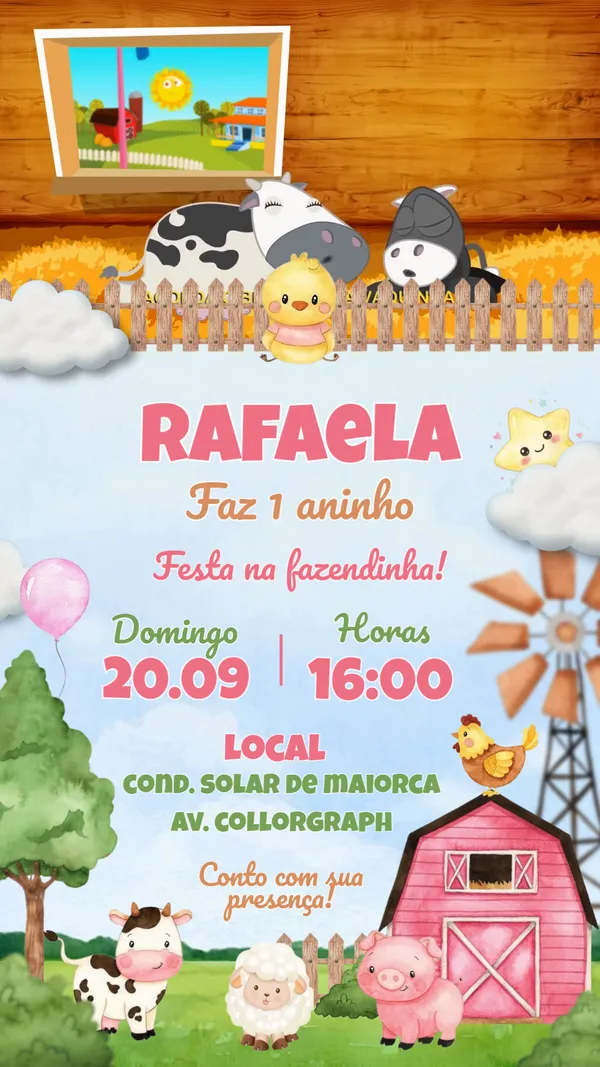 Convite Animado Aniversário Fazendinha Para Editar Online