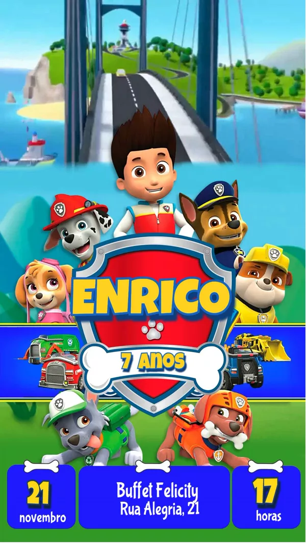 Convite Animado Aniversário Patrulha Canina Azul Para Editar Online