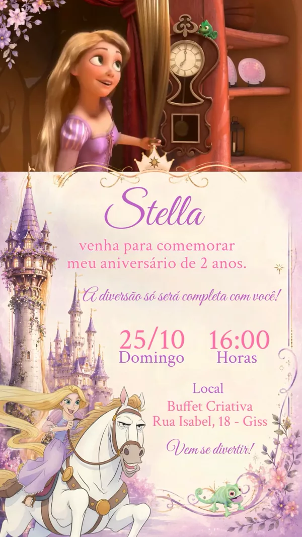 Convite Animado Aniversário Rapunzel Aquarela Para Editar Online