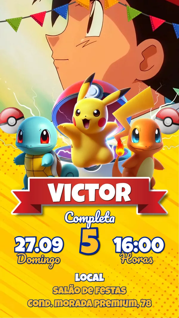 Convite Animado Aniversário Pokémon Pikachu Para Editar Online