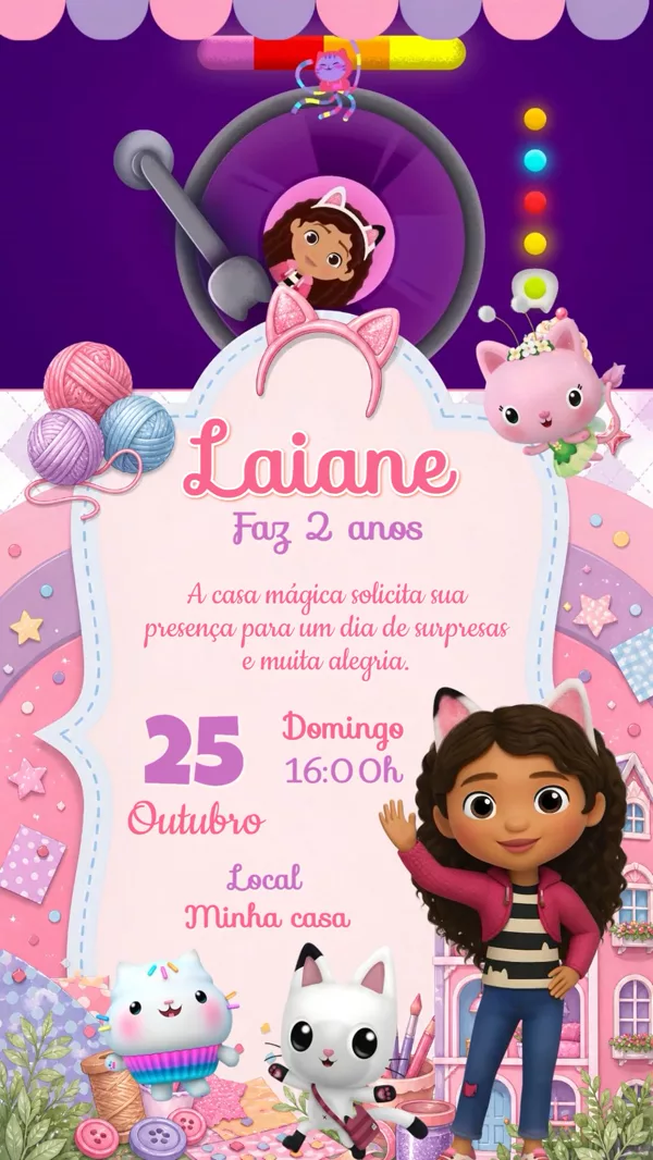 Convite Animado Aniversário Casa Mágica da Gabby Para Editar Online