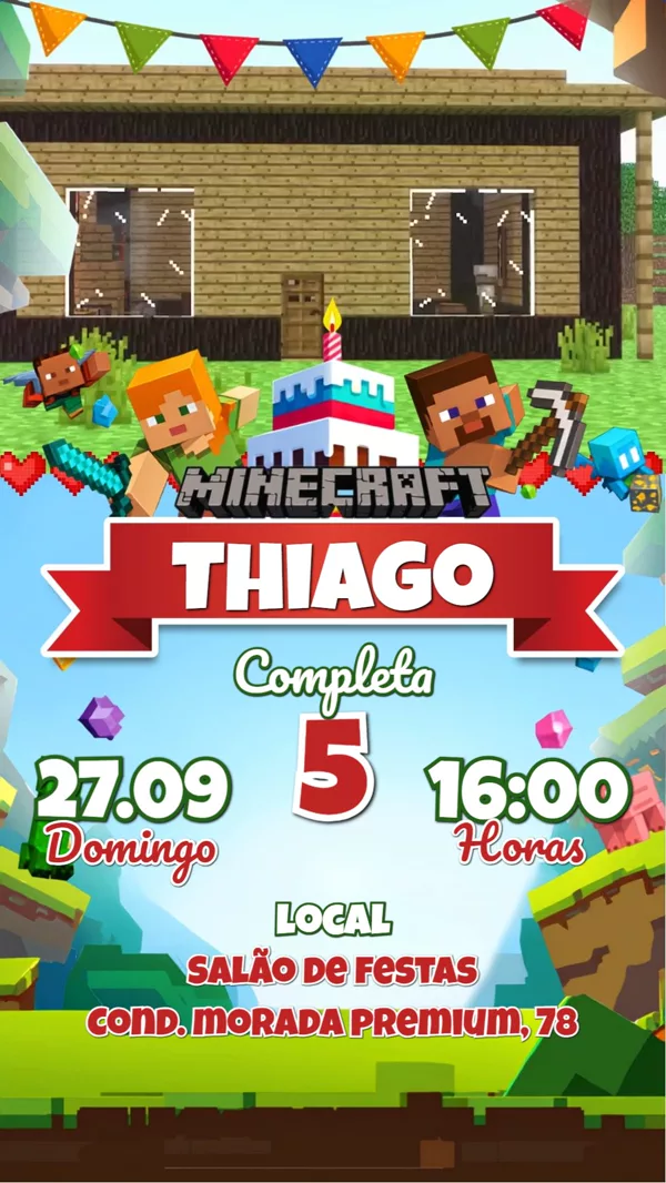 Convite Animado Aniversário Minecraft Para Editar Online