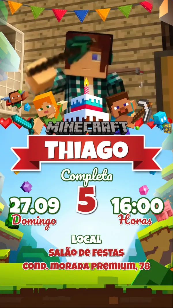 Convite Animado Aniversário Minecraft Para Editar Online