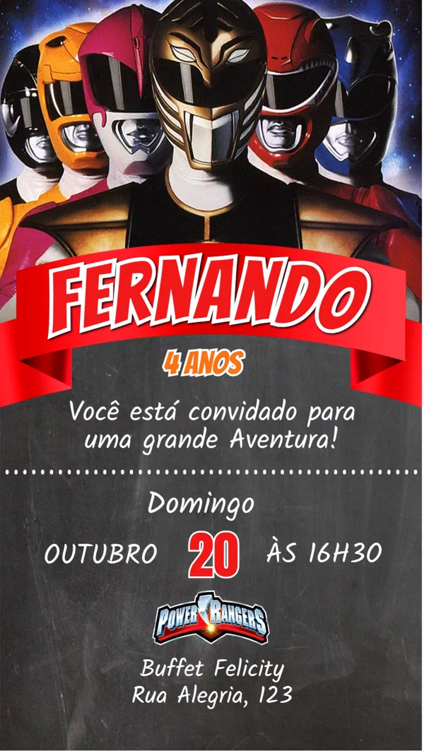 Convite Aniversário Power Rangers Dourado Para Editar Online