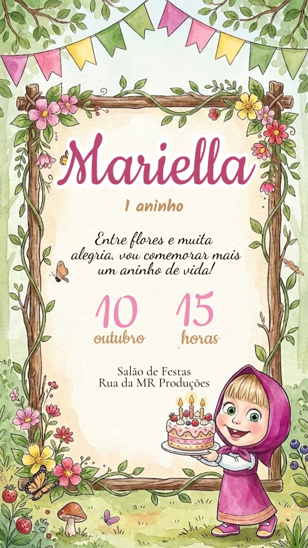 Convite Animado Aniversário Masha Jardim Aquarela Para Editar Online