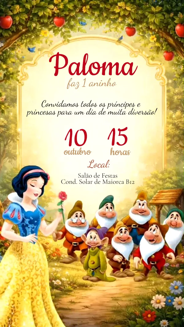 Convite Animado Aniversário Branca de Neve Dourado Para Editar Online