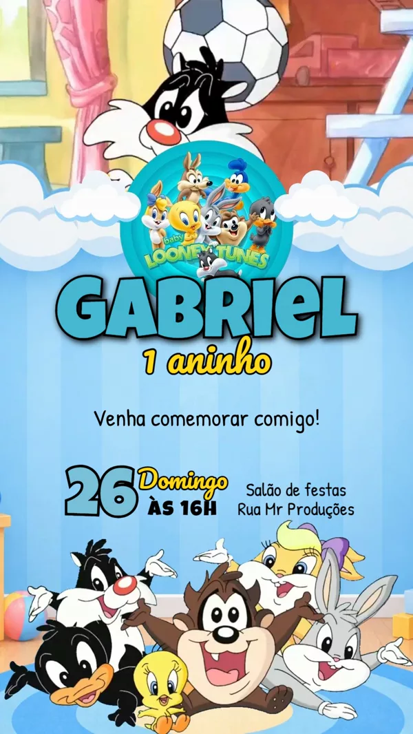 Convite Animado Aniversário Baby Looney Tunes Para Editar Online