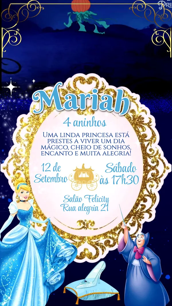 Convite Animado Aniversário Cinderela Castelo Azul Para Editar Online
