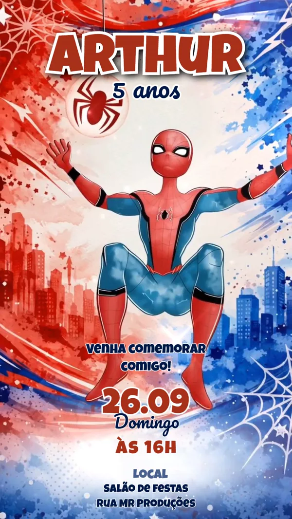 Convite Animado Aniversário Homem-Aranha Cidade Para Editar Online