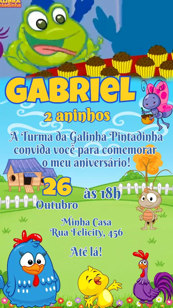 Convite Animado Aniversário Galinha Pintadinha Para Editar Online