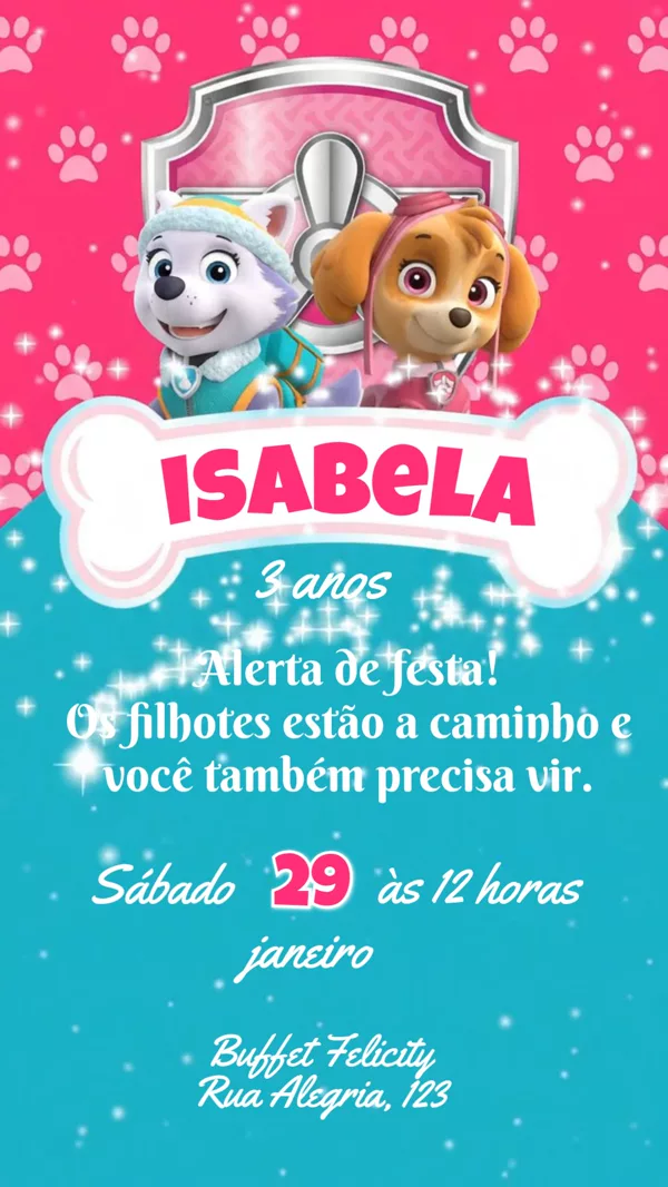 Convite Animado Aniversário Patrulha Canina Rosa Para Editar Online