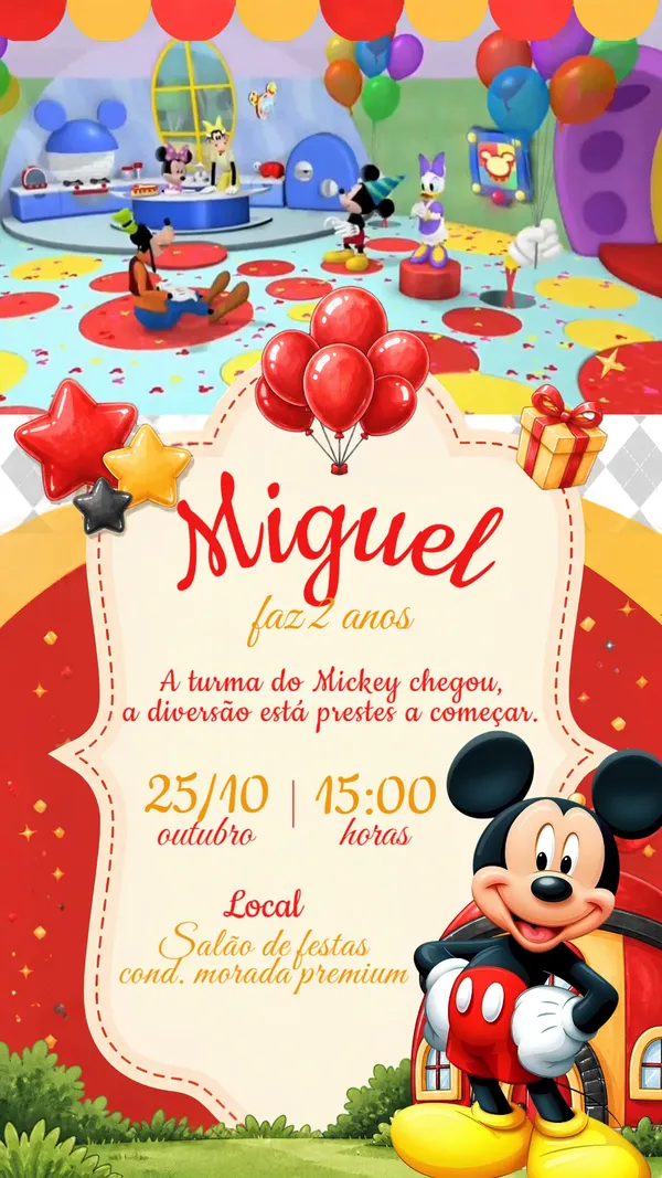 Convite Animado Aniversário Mickey Casa do Mickey Para Editar Online