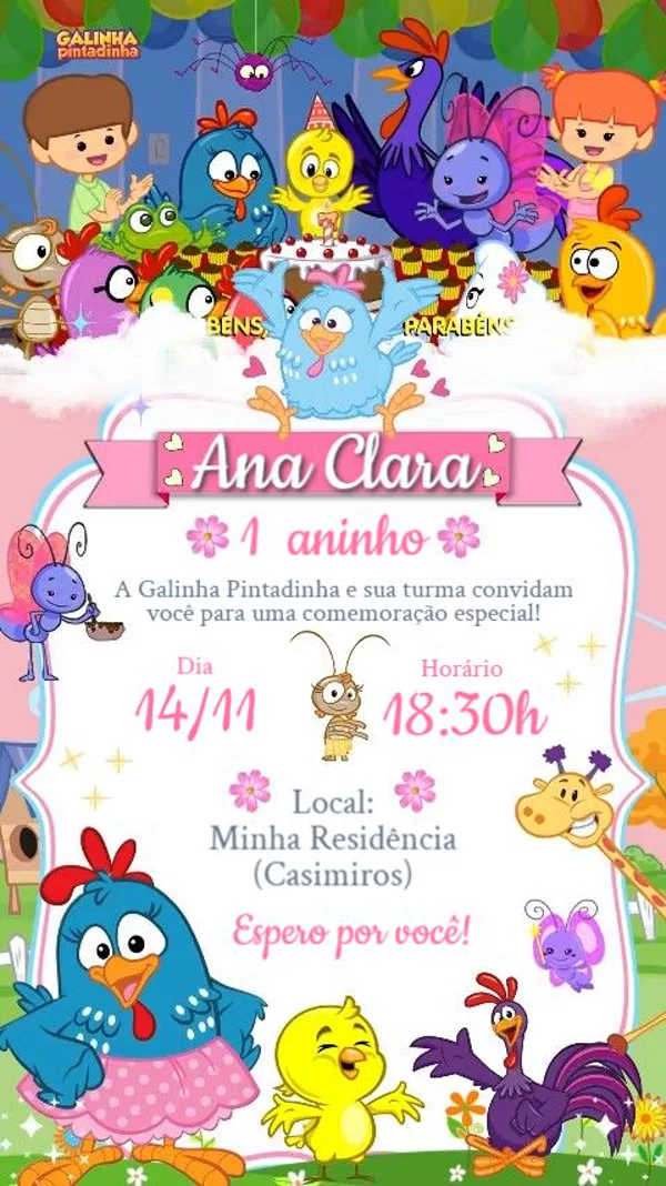 Convite Animado Aniversário Galinha Pintadinha Para Editar Online