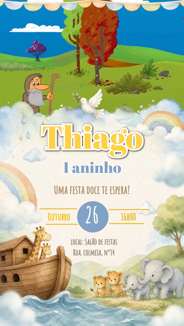 Convite Animado Aniversário Arca de Noé Azul Para Editar Online