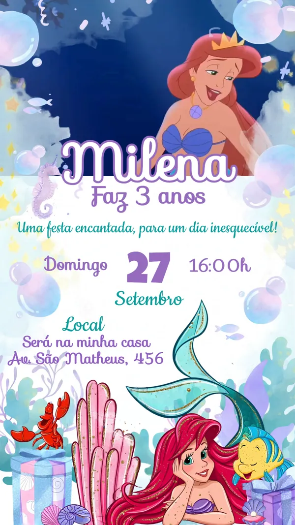 Convite Animado Aniversário Pequena Sereia Fundo do Mar Para Editar Online