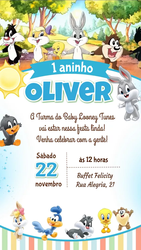 Convite Animado Aniversário Baby Looney Tunes Para Editar Online