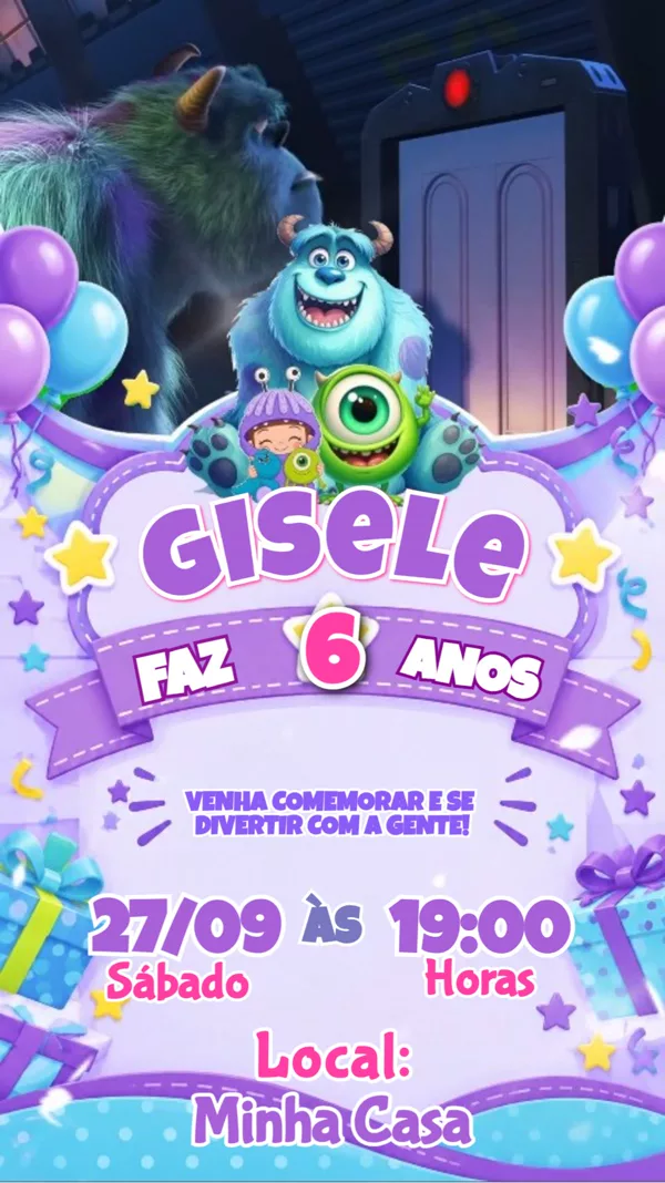 Convite Animado Aniversário Monstros SA Para Editar Online