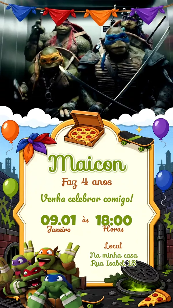 Convite Animado Aniversário Tartarugas Ninja Pizza Para Editar Online