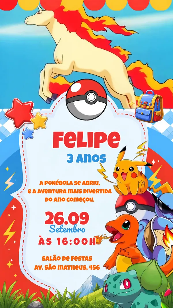 Convite Animado Aniversário Pokémon Pokébola Para Editar Online