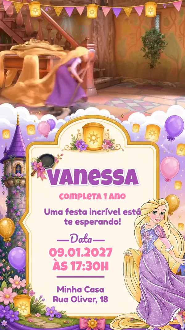 Convite Animado Aniversário Rapunzel Torre Para Editar Online